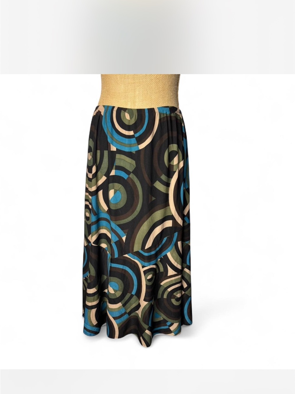 Abstract Circle Print Maxi Skirt in Black, Teal & Olive